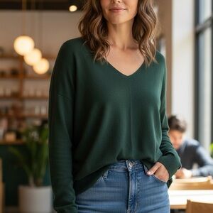 Elegant Deep Green V-Neck Sweater